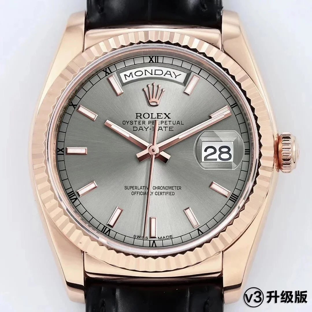 Rolex Watches Day-Date 36mm 118138, fluted bezel, day and date display, leather strap — 33