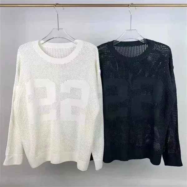 Design Mesh Knit Sweater with Numeric Print White Sweater - 9