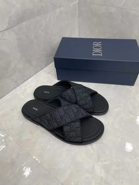 Dior Oblique Cross-Strap Slide Sandals Black - 6