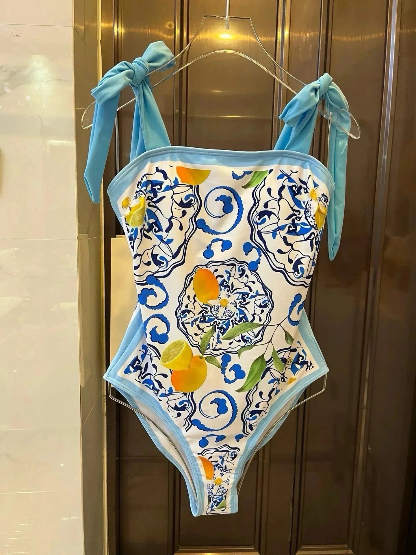 Dolce & Gabbana Sicilian Lemon Print Halterneck Swimsuit Blue