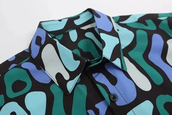 Design Patterned Lime Green Short-Sleeve Button-Up Shirt - 6
