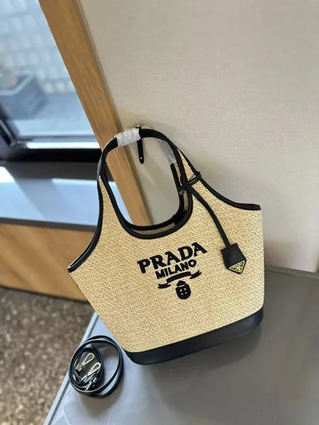 Prada Re-Edition 2005 Woven Straw Tote Bag Beige/Black Handbag - 26