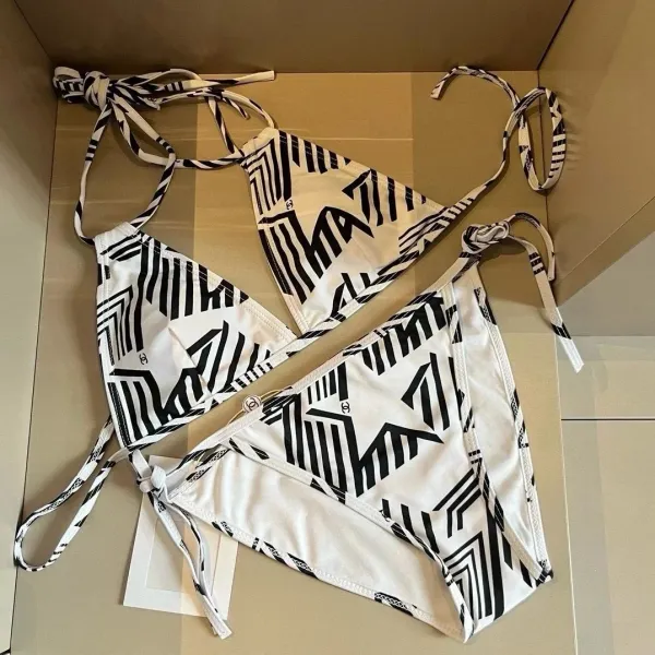 Chanel Ribbed Bralette and Brief Set Black and White Underwear - 12