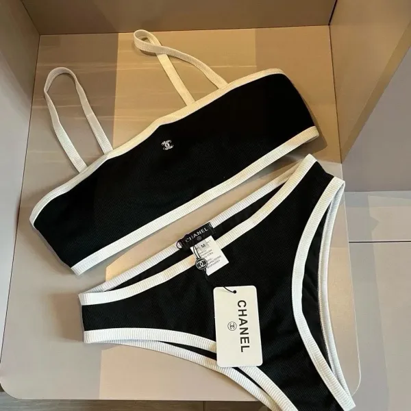 Chanel Ribbed Bralette and Brief Set Black and White Underwear - 15