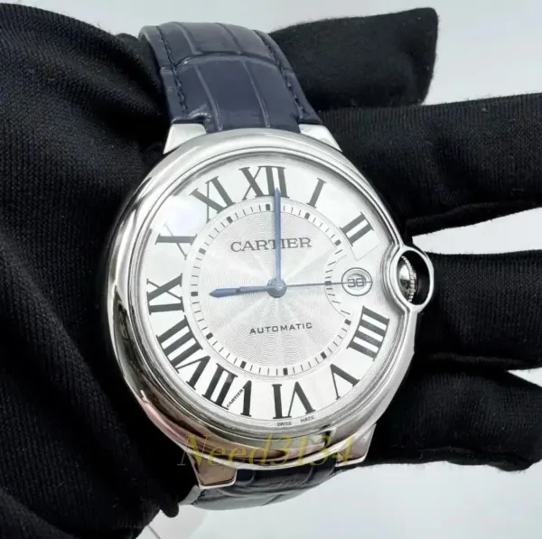 Cartier Ballon Bleu de Cartier Silver Dial Black Leather Strap Mechanical Watch - 4