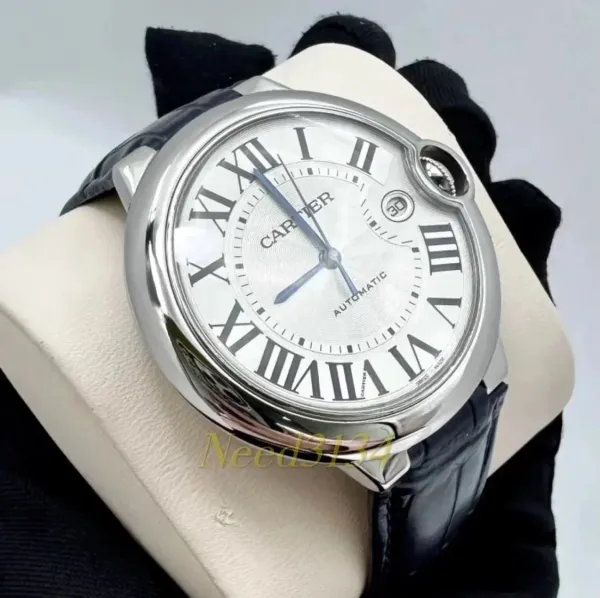 Cartier Ballon Bleu de Cartier Silver Dial Black Leather Strap Mechanical Watch - 7