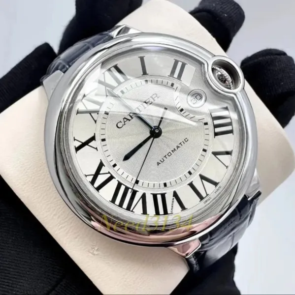 Cartier Ballon Bleu de Cartier Silver Dial Black Leather Strap Mechanical Watch - 2