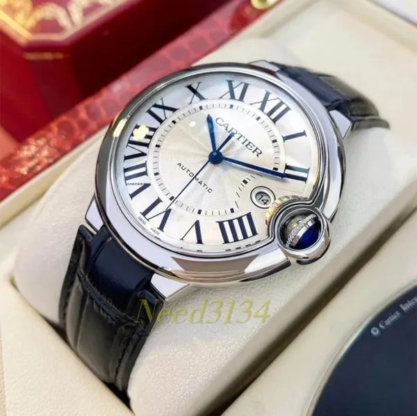 Cartier Ballon Bleu de Cartier Silver Dial Black Leather Strap Mechanical Watch - 8