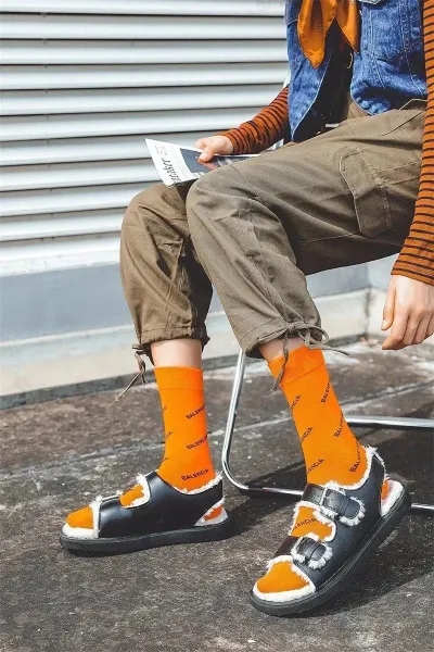 Balenciaga Logo Print Neon Yellow Socks - 6