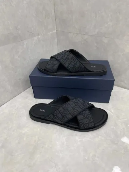 Dior Oblique Cross-Strap Slide Sandals Black - 7
