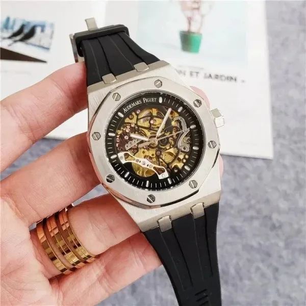Audemars Piguet Royal Oak Skeleton Gold Navy Rubber Strap Mechanical Watch - 9