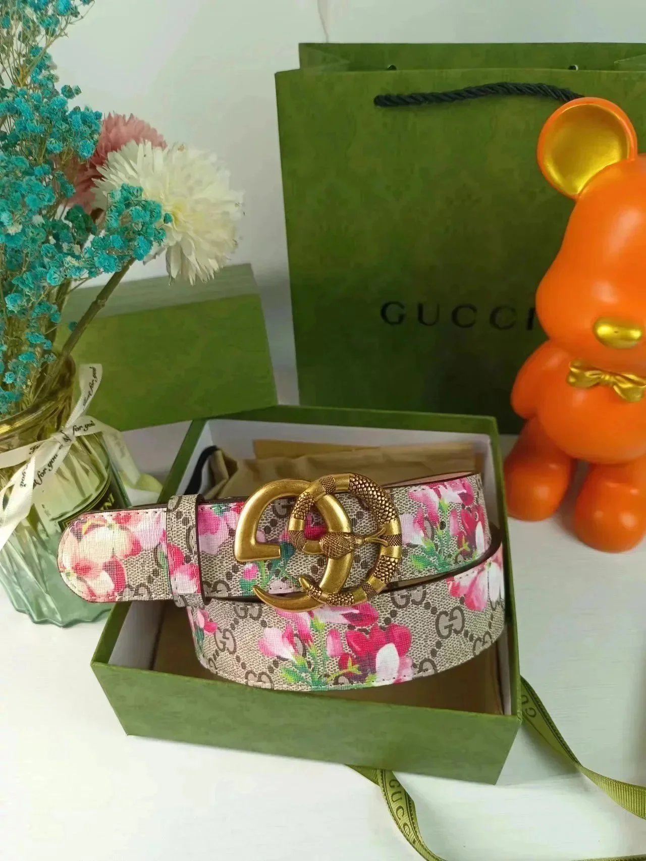 Gucci GG Marmont Floral Print Belt with Gold-Tone Double G Buckle
