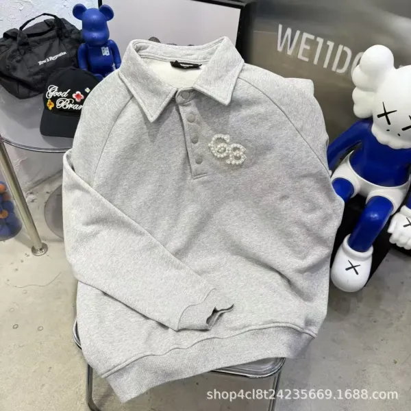 GG Pearl-Embellished Gray Polo Sweatshirt - 1