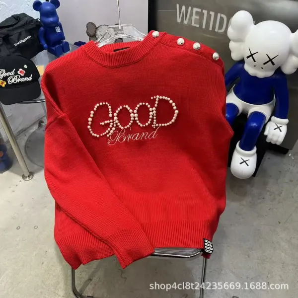 Good Brand Pearl-Embellished Red Knit Sweater - 1