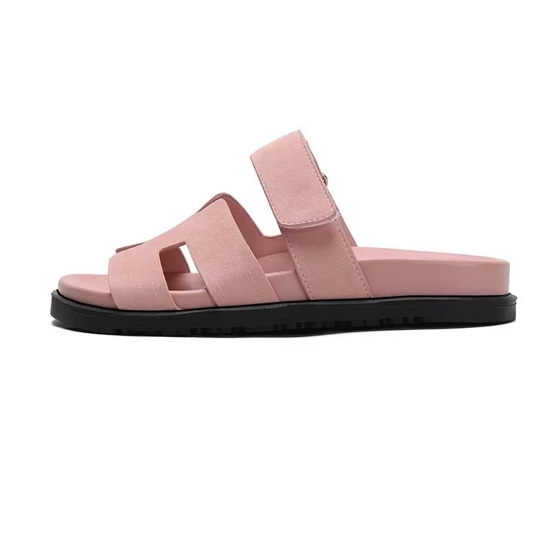 Flyerbuy 2024 Summer New Women's Eri Slippers Genuine Leather Thick Sole Hook-and-Loop Slides