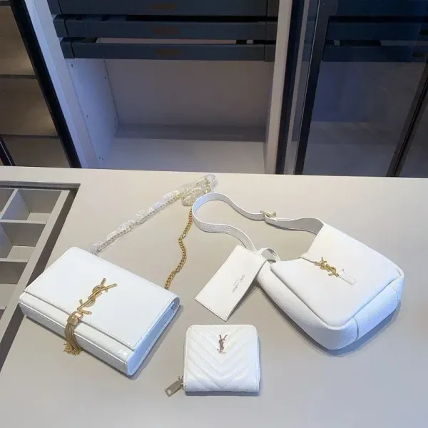 Saint Laurent Monogram YSL White Leather Shoulder Bag, Clutch, and Coin Purse Set - 1
