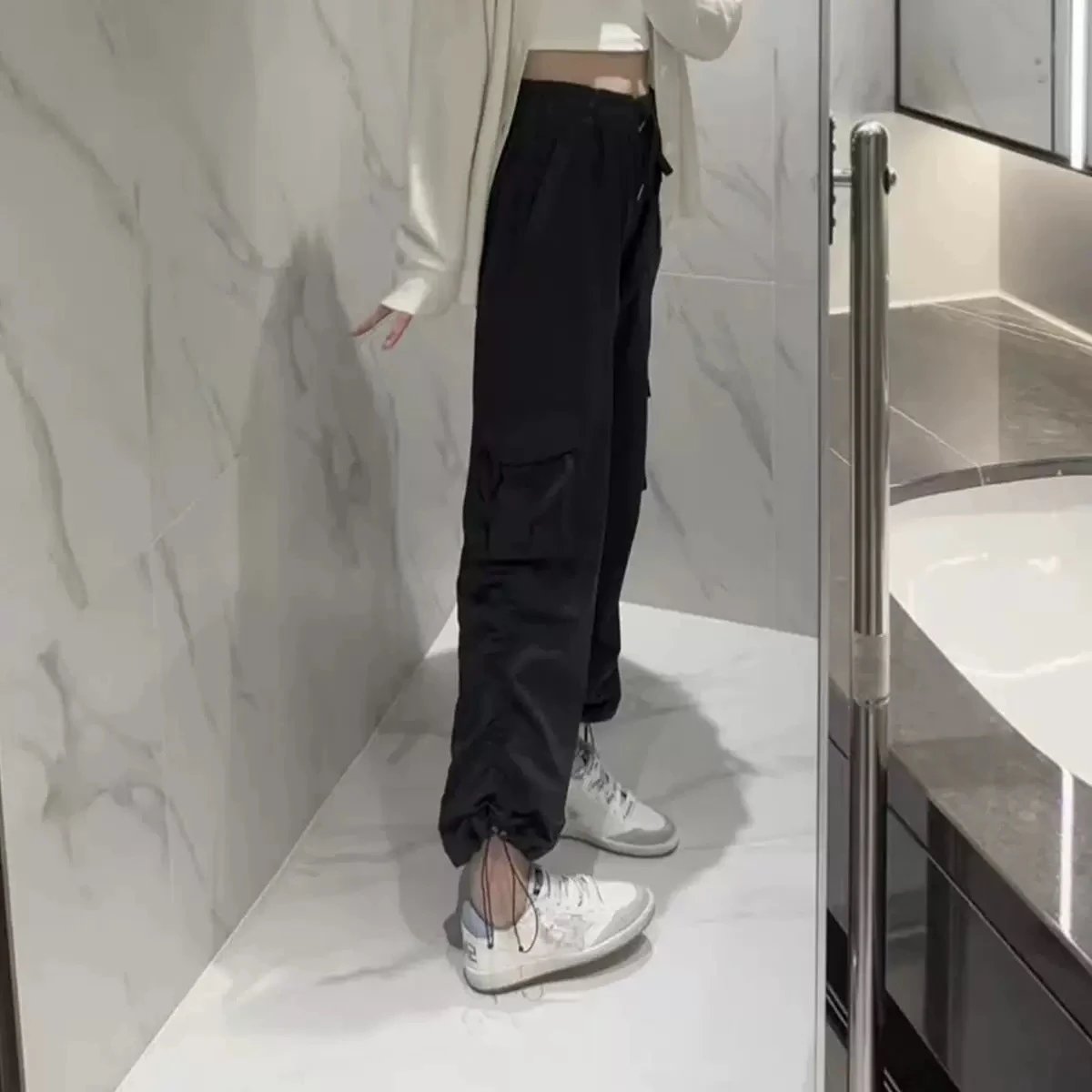 Design Cargo Pants Black Streetwear Wide-Leg Pants - 5