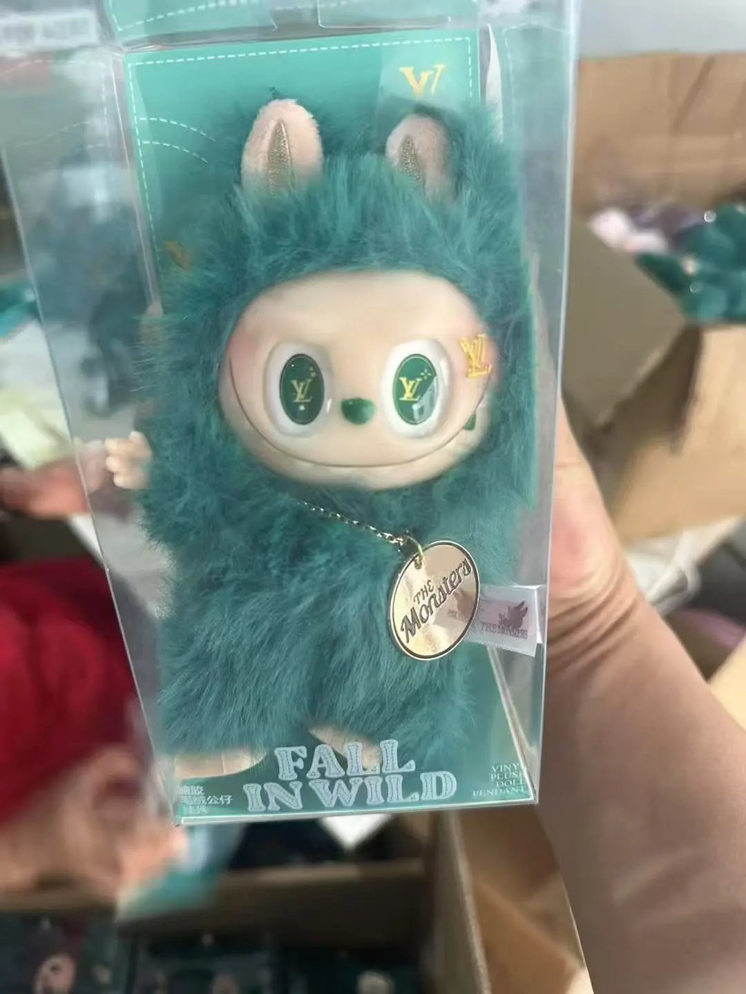 Pop Mart x The Monsters Labubu Fall in Wild Vinyl Plush Doll Pendant Teal/Green Fluffy with LV Eyes