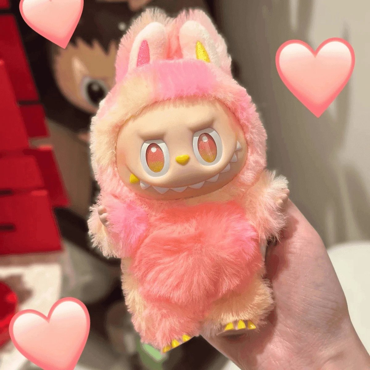 Pop Mart The Monsters Labubu Bunny Plush Figure in Pink with Yellow Accents
