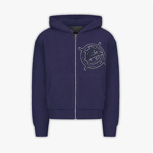 Design Ribbed Zip-Up Hoodie Navy - 8