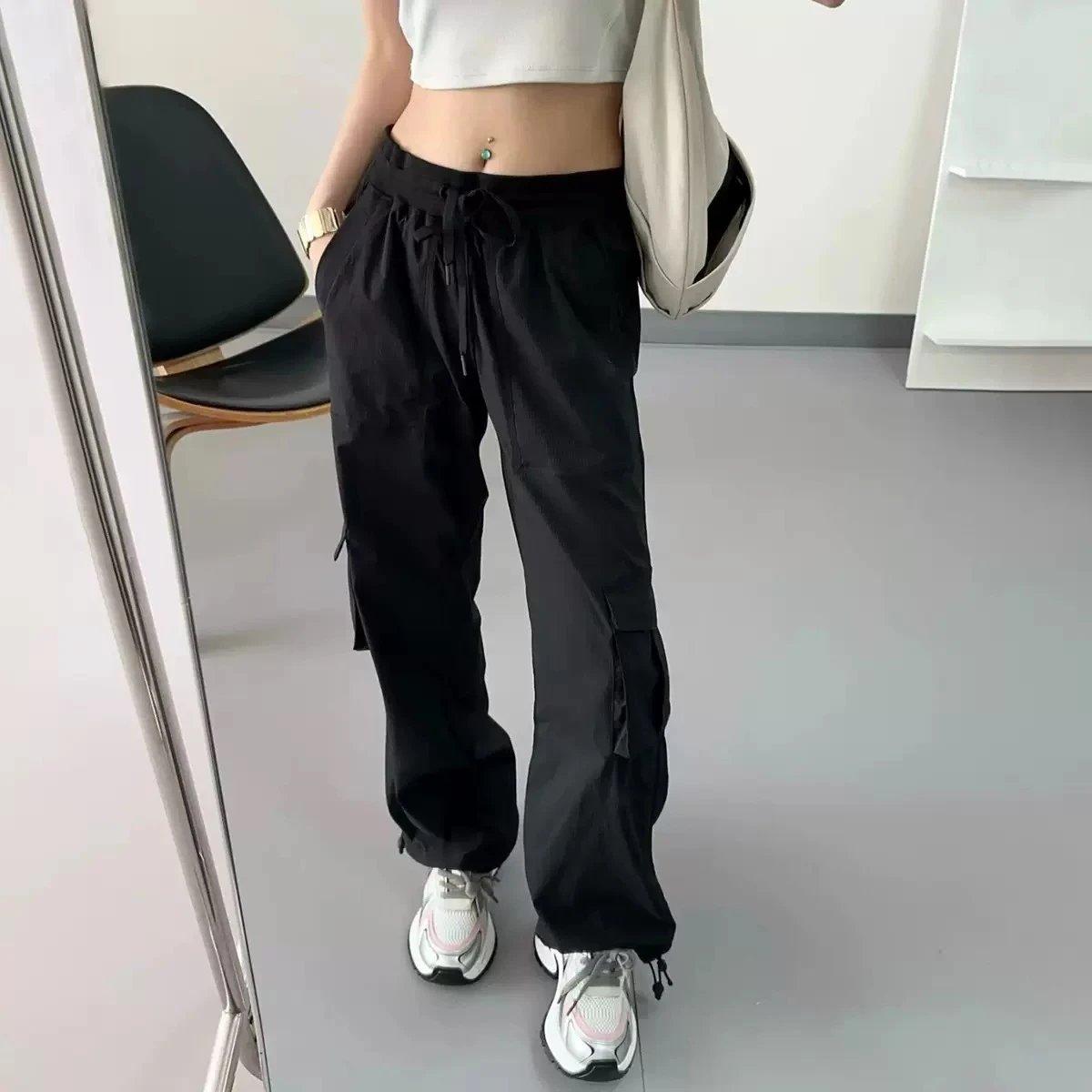 Design Cargo Pants Black Streetwear Wide-Leg Pants - 11