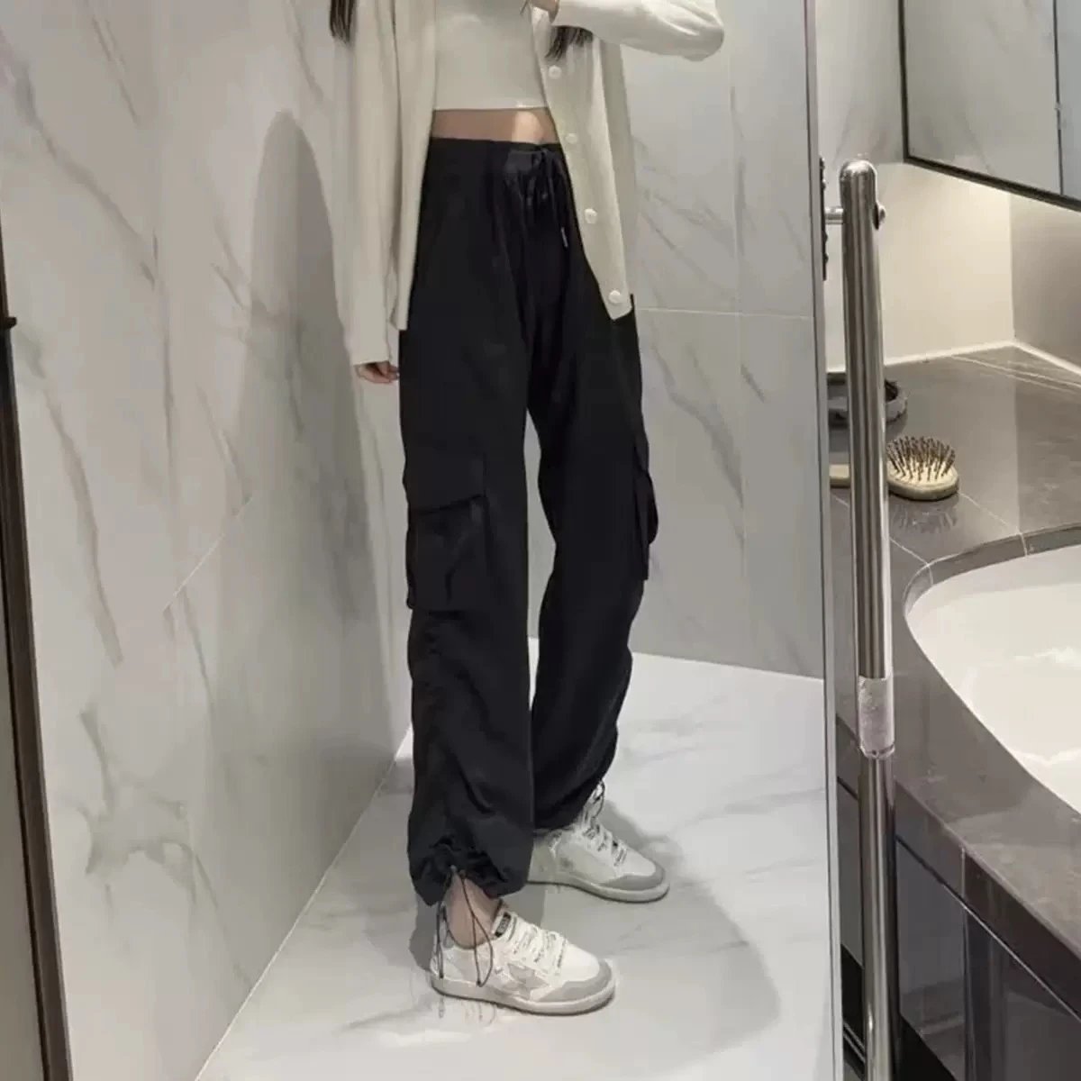 Design Cargo Pants Black Streetwear Wide-Leg Pants - 12