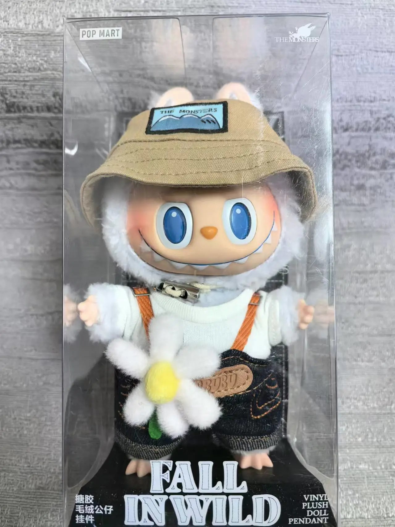 Pop Mart x The Monsters Labubu Fall in Wild Vinyl Plush Doll Pendant Beige Denim Overalls with Daisy