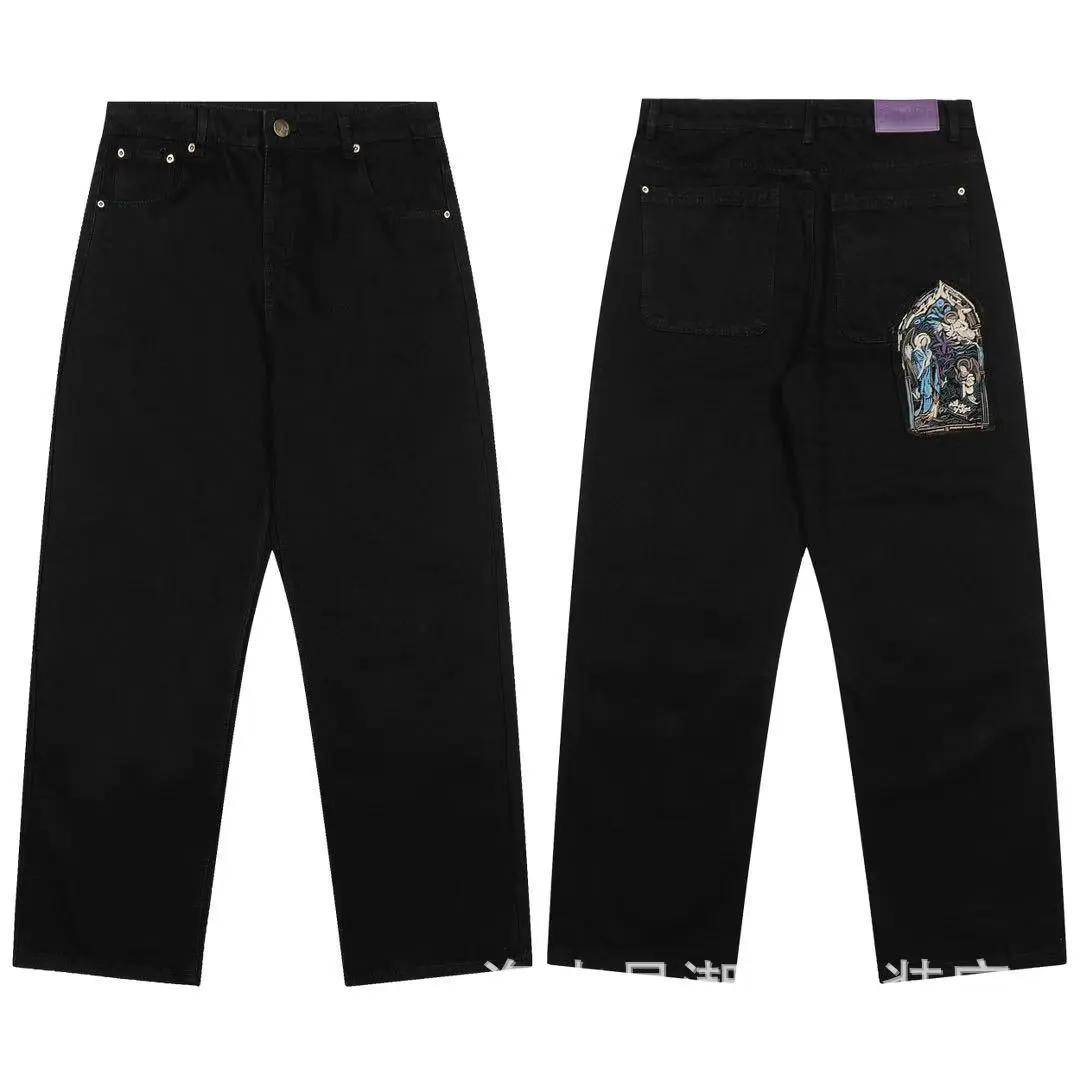 Purple Brand — Black Denim Straight-Leg Jeans with Church Painting Appliqué