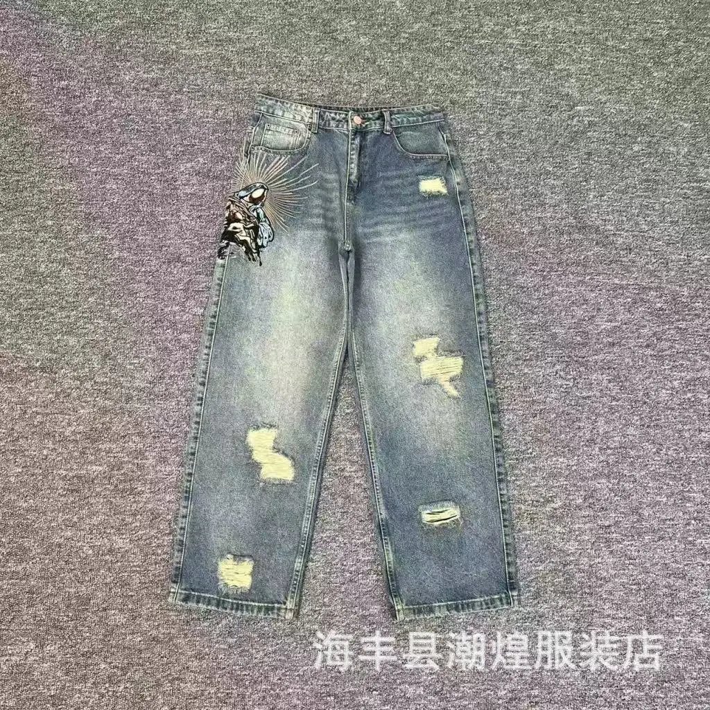 Design Black Gothic Embroidery Straight-Leg Jeans - 20