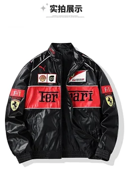 thumbnail for Trendy brand leather jacket men's embroidery thickened PU leather biker uniform baseball cotton suit couple cotton coat biker flight jacket female