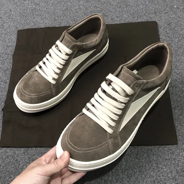 Design Suede Low-Top Sneakers in Gray with White Panel and Lace - 1