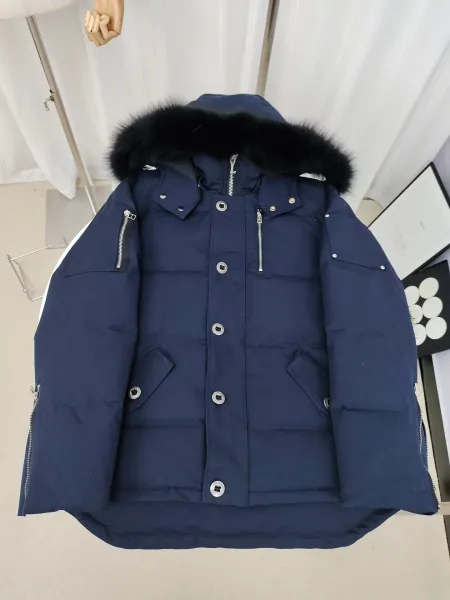 Design Parka with Faux Fur Hood Navy Blue Down Jacket - 1