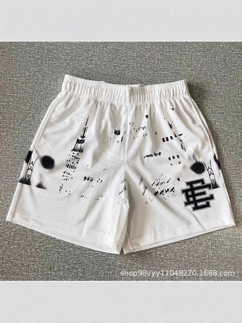 White Mesh Shorts with Black Abstract Print