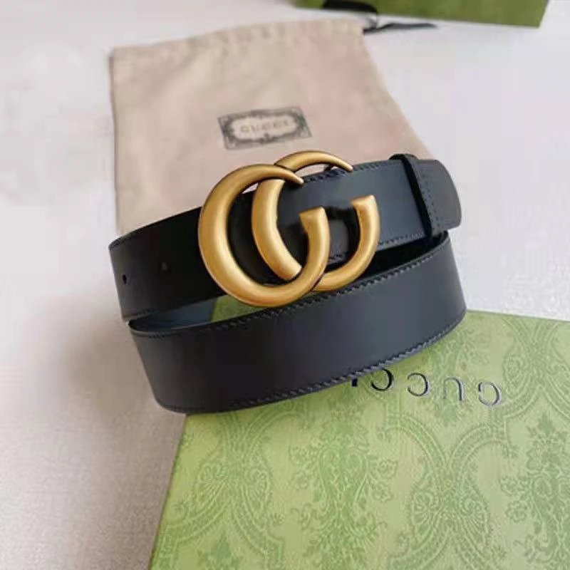 Black Leather Belt with Gold Double G Buckle