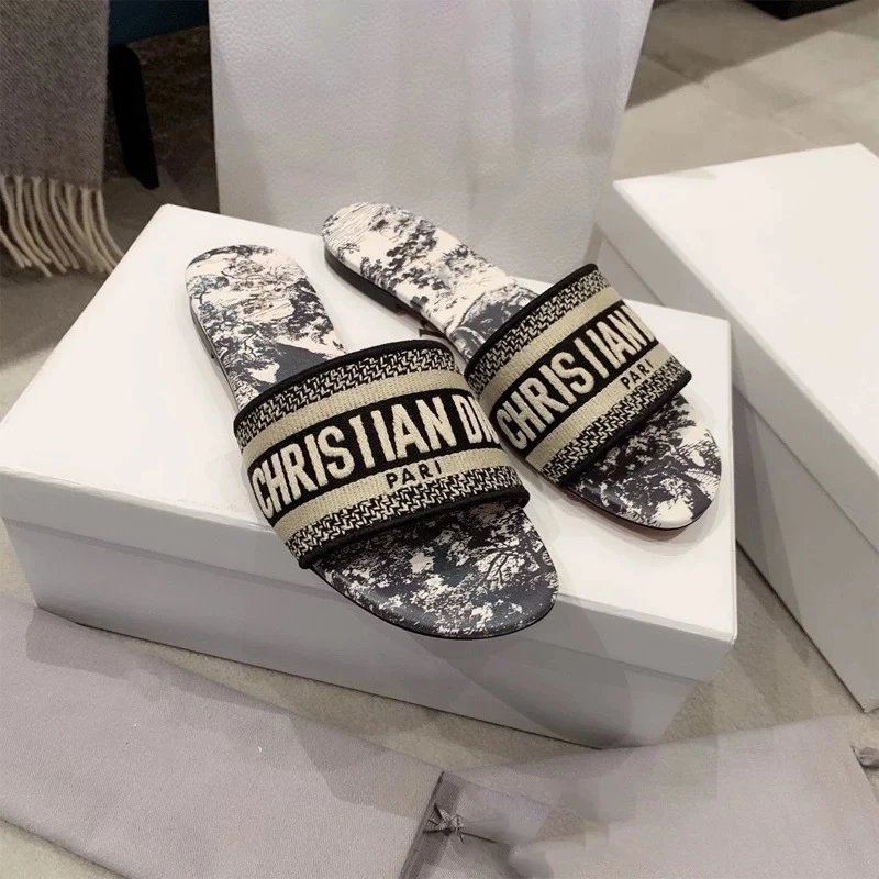Dior Sandals Logo Strap Slide — animal black flat bottom