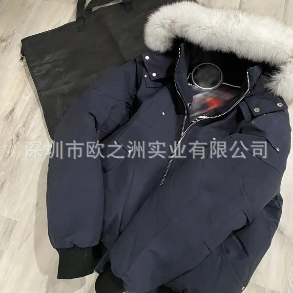 Design Parka with Fur Trim Navy Blue Down Jacket - 1