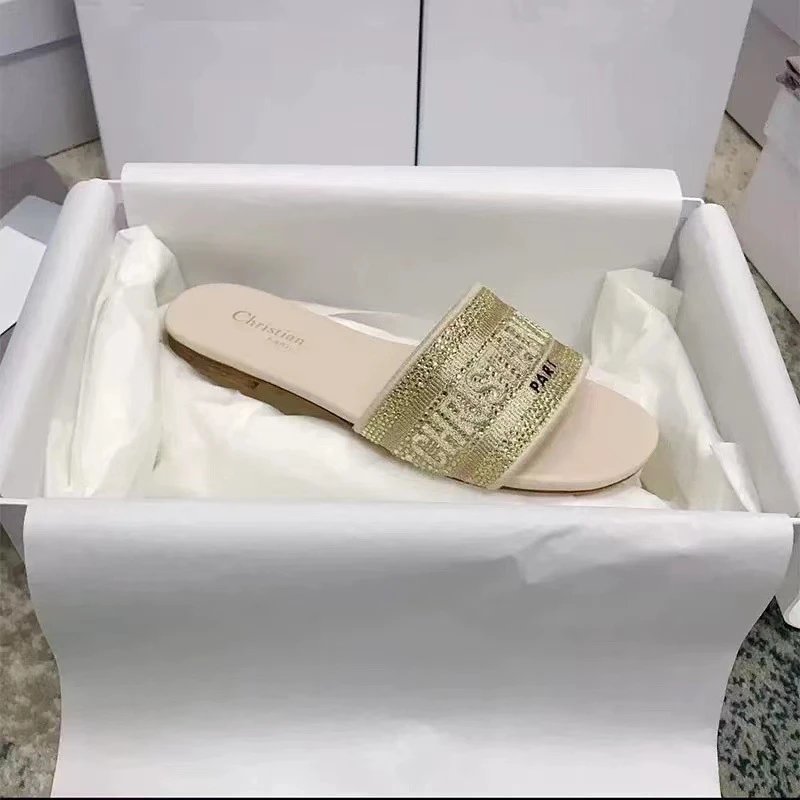 Dior Sandals Logo Strap Slide — Golden apricot-colored diamond flat sole