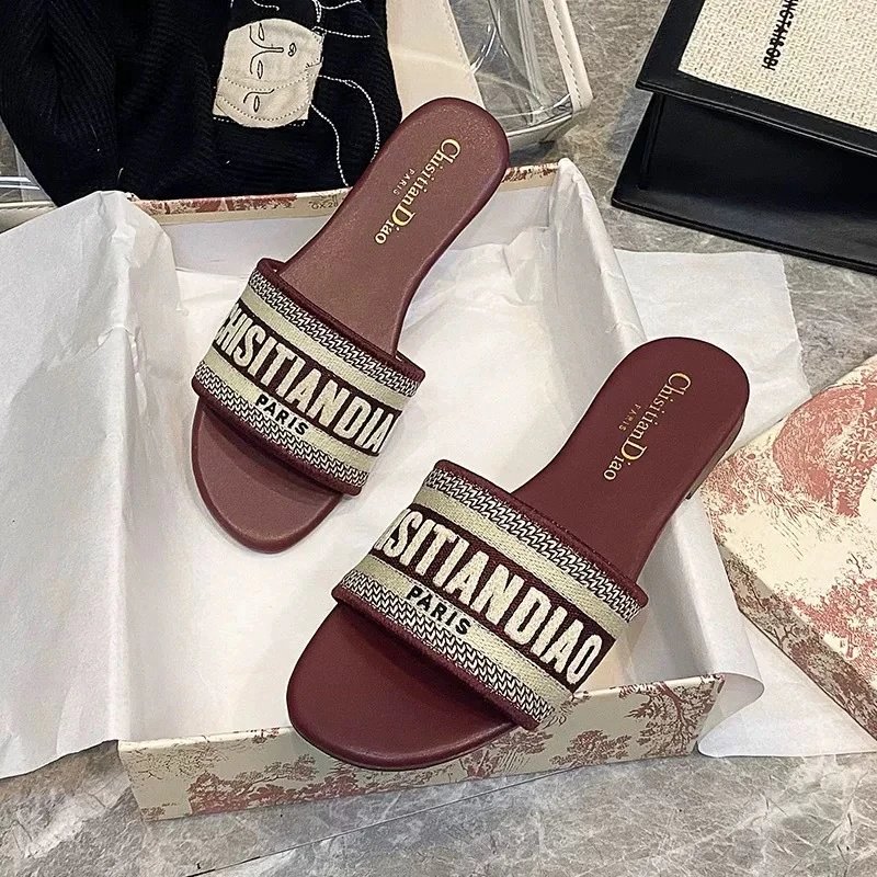 Dior Sandals Logo Strap Slide — wine red flat bottom