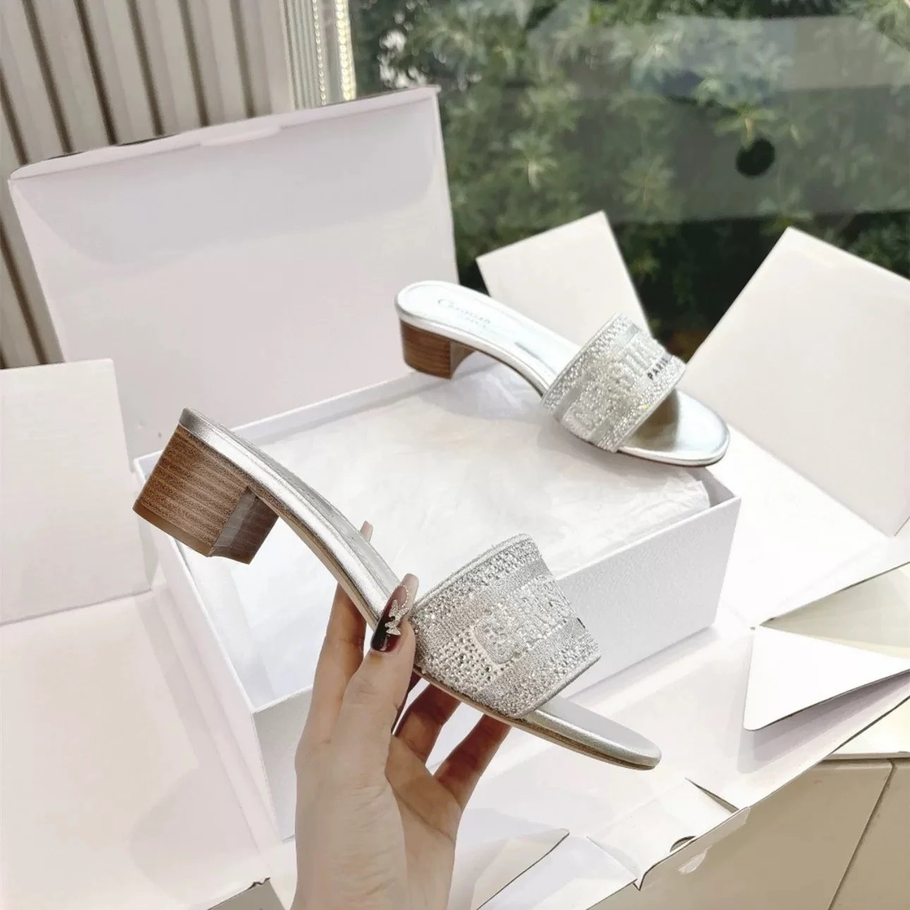 Dior Sandals Logo Strap Slide — Silver diamond thick heel