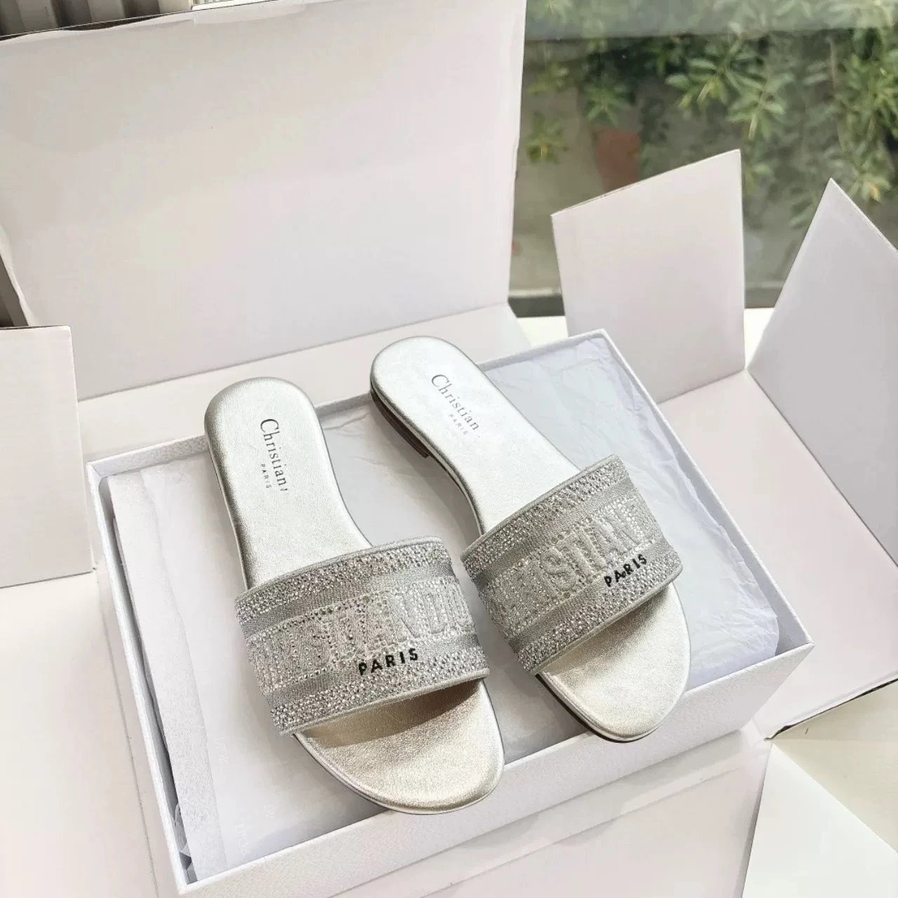 Dior Sandals Logo Strap Slide — Silver Diamond Flat Bottom
