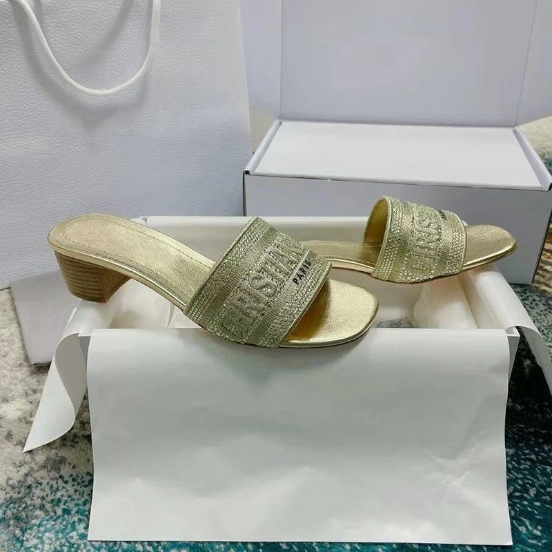 Dior Sandals Logo Strap Slide — Golden diamond thick heel