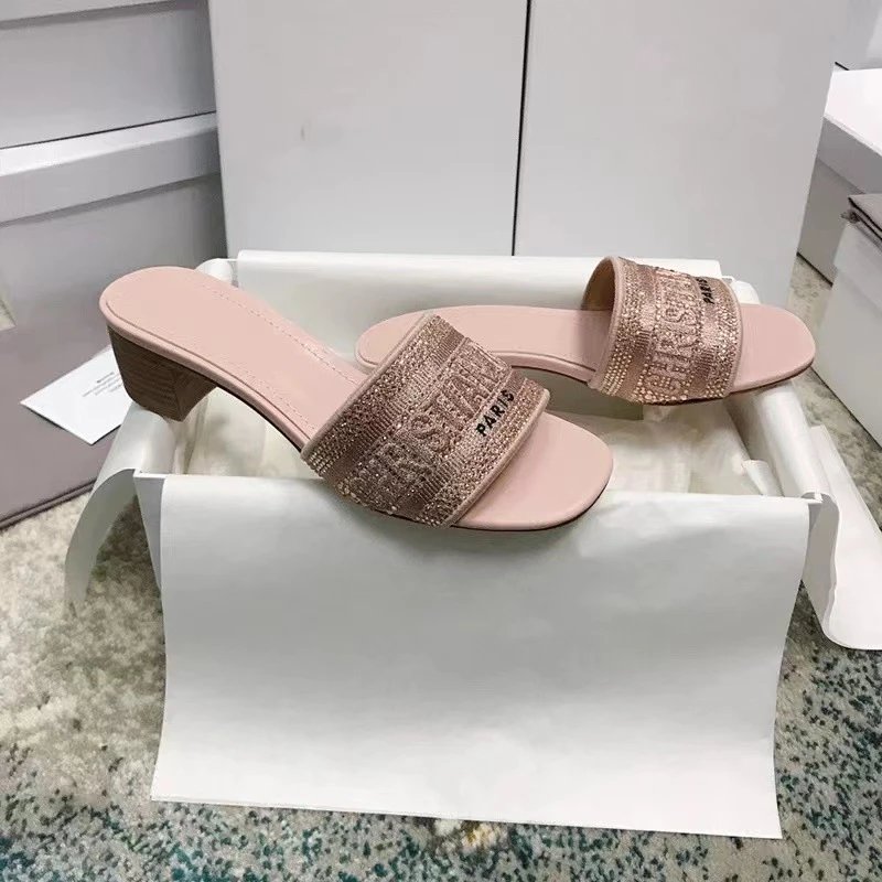 Dior Sandals Logo Strap Slide — Pink diamond-studded chunky heel