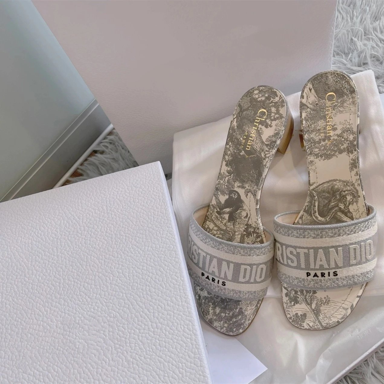 Dior Sandals Logo Strap Slide — Animal Grey Coarse Hee