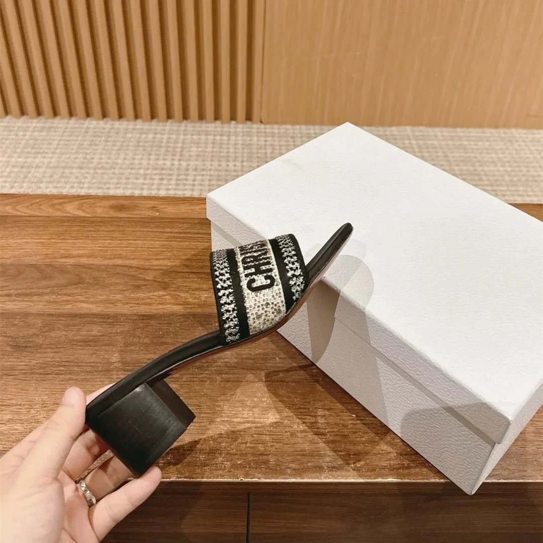 Dior Sandals Logo Strap Slide — Black drill thick heel