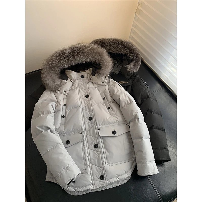 Parka with Real Fur Trim in Light Gray