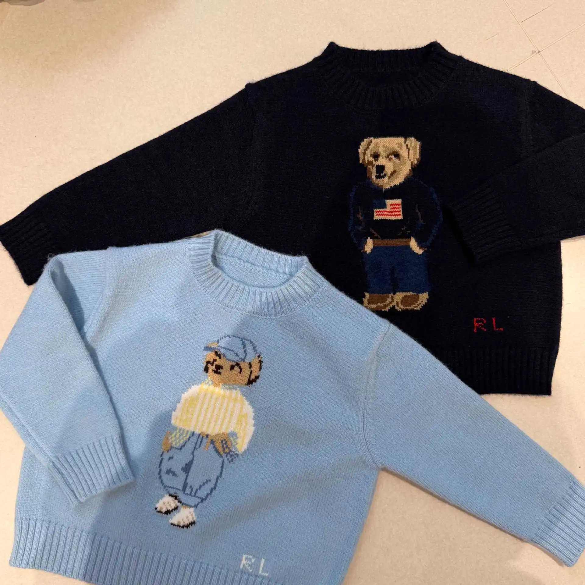 2025 Spring/Autumn Kids Sweater, Unisex Bear Embroidery, Casual Loose Warm Knitwear, Trendy