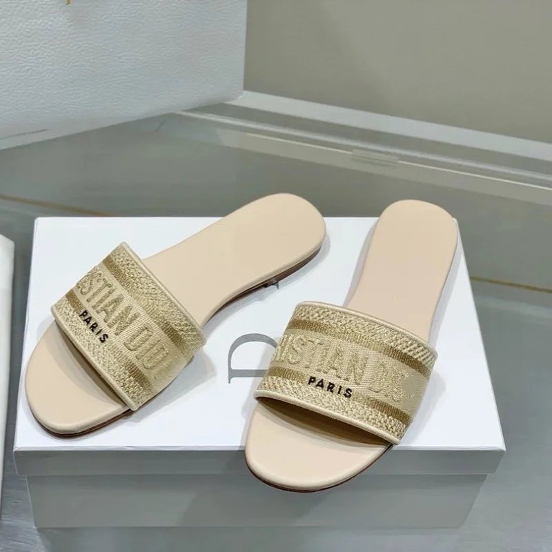 Dior Sandals Logo Strap Slide — Golden apricot flat sole