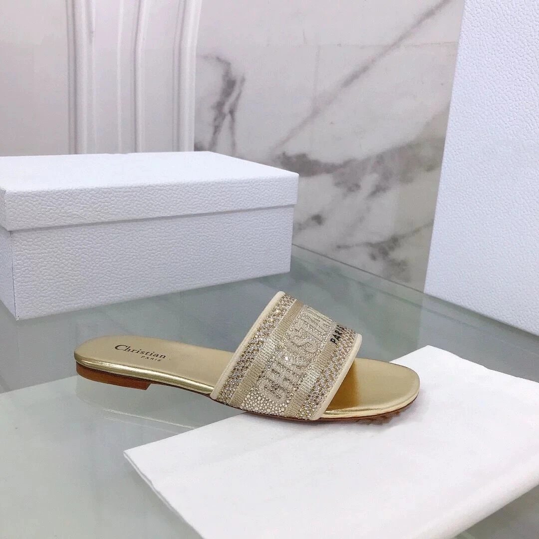 Dior Sandals Logo Strap Slide — Golden diamond flat bottom