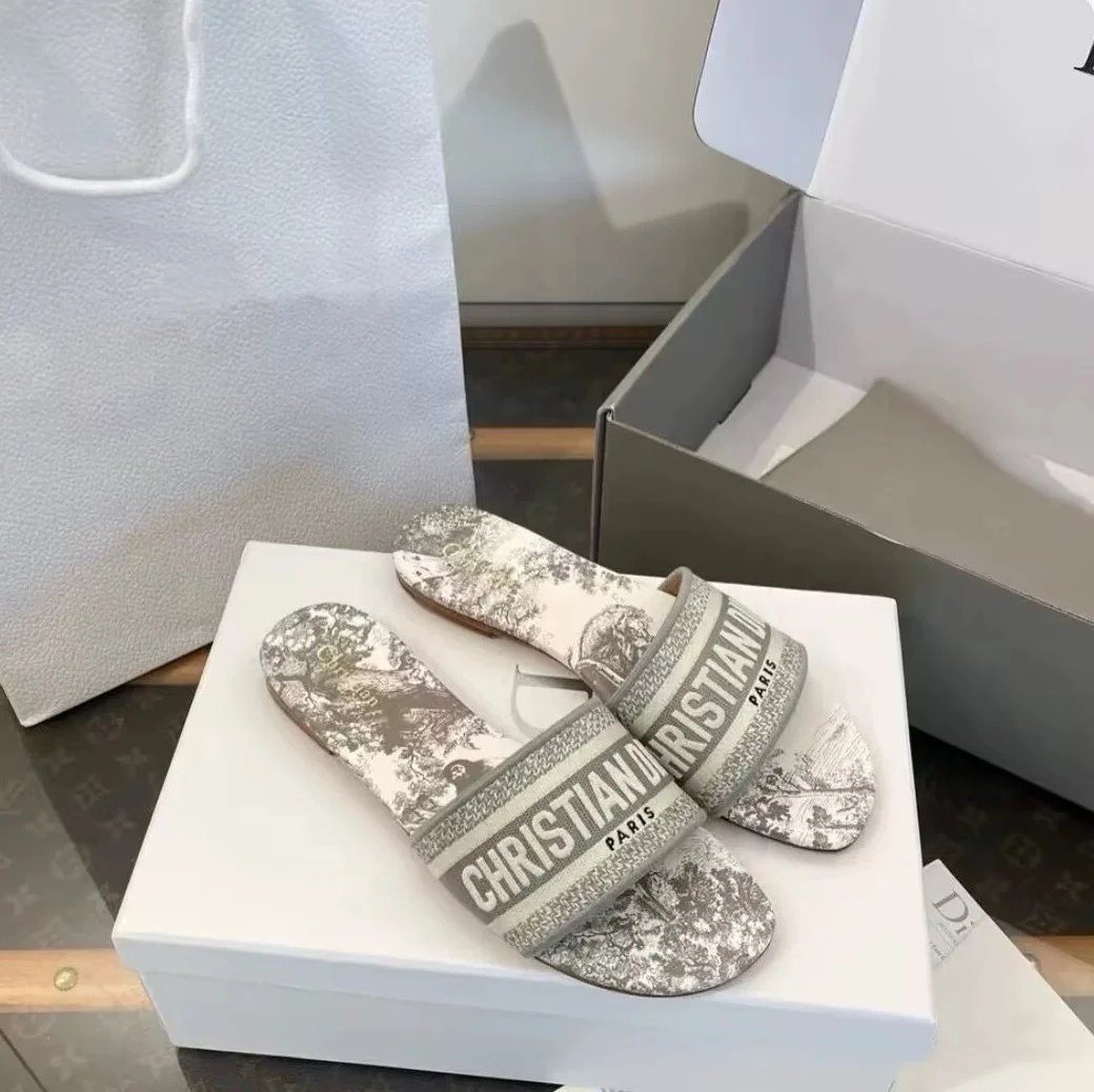 Dior Sandals Logo Strap Slide — Animal gray flat bottom