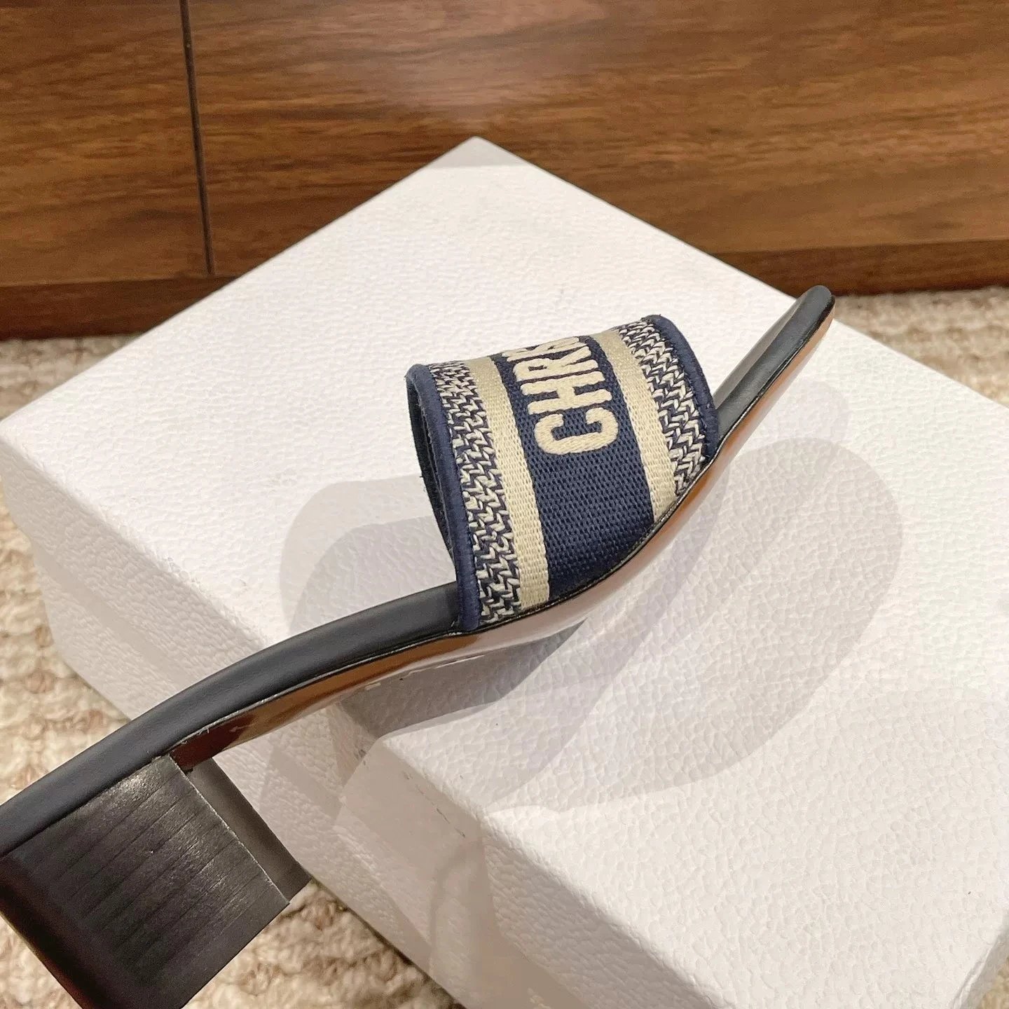 Dior Sandals Logo Strap Slide — blue thick heel